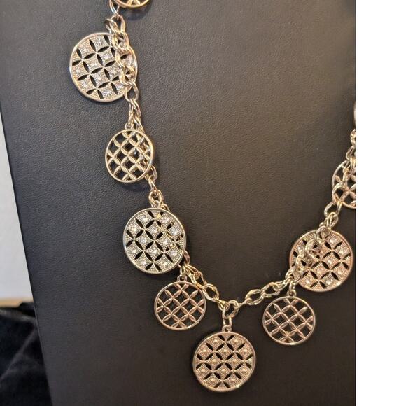 Charter Club Silver Tone Rhinestone Disk Charm Necklace & Matching Bracelet - Picture 3 of 11